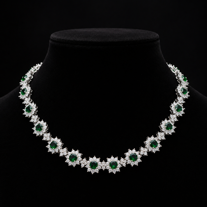 Emerald Green Crystal Necklace & Stud Earrings Set – Floral Statement Jewelry