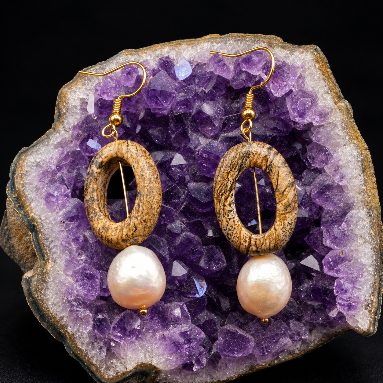 A pair of dangling earrings displayed on a purple crystal geode. Each earring has a textured natural wood oval frame, a gold-tone wire center, and a dangling freshwater pearl.