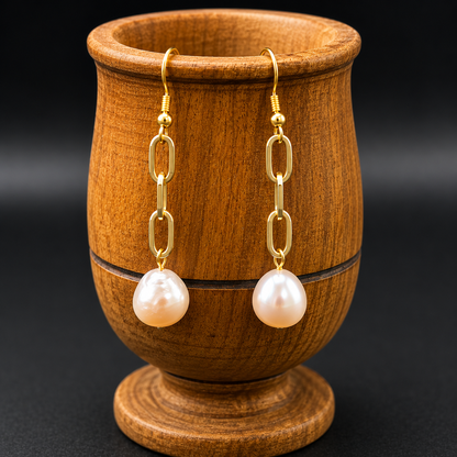 Gold Link Freshwater Pearl Dangle Earrings | Minimalist Bridal Jewelry