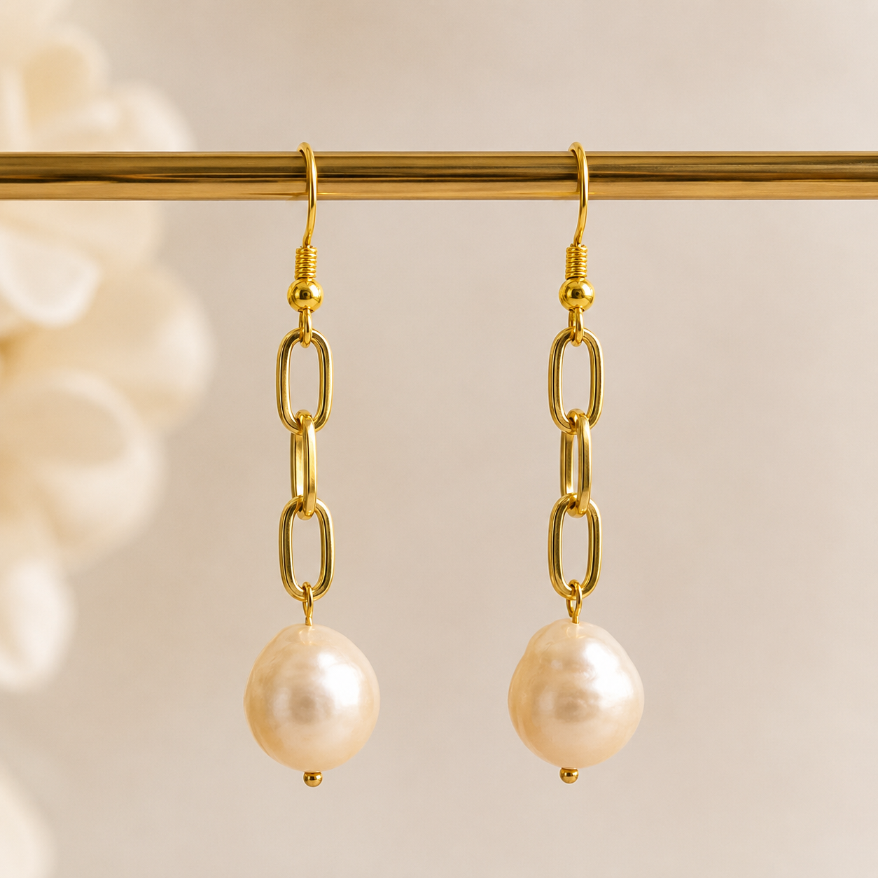 Gold Link Freshwater Pearl Dangle Earrings | Minimalist Bridal Jewelry
