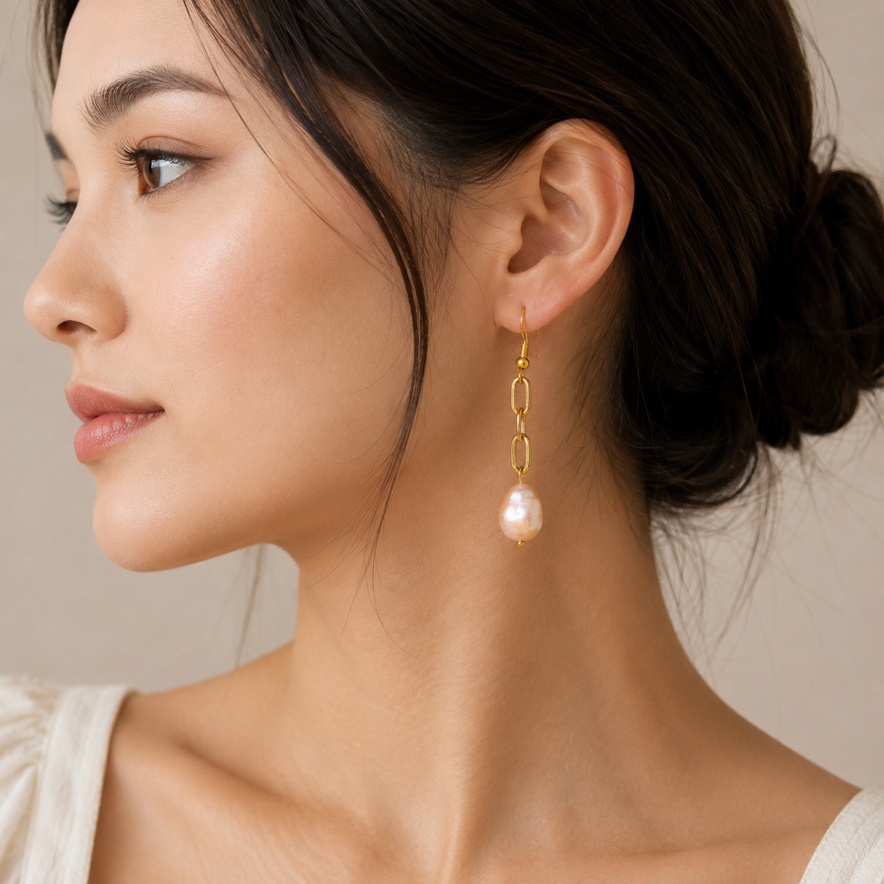 Gold Link Freshwater Pearl Dangle Earrings | Minimalist Bridal Jewelry