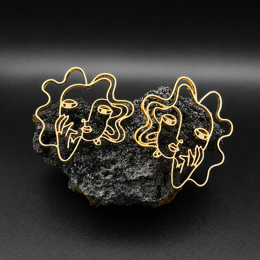 Gold-Tone Abstract Face Stud Earrings – Oversized Line Art Statement Jewelry