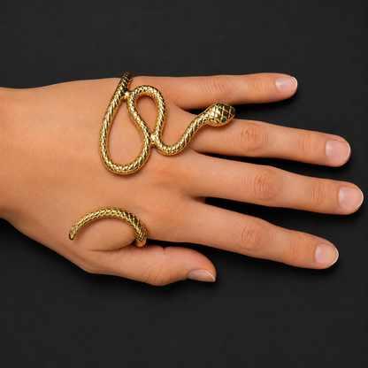 Emerald-Eyed Silver Snake Hand Bracelet – Victorian-Inspired Serpent Hand Cuff