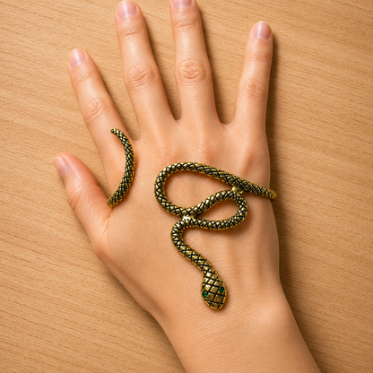 Emerald-Eyed Silver Snake Hand Bracelet – Victorian-Inspired Serpent Hand Cuff