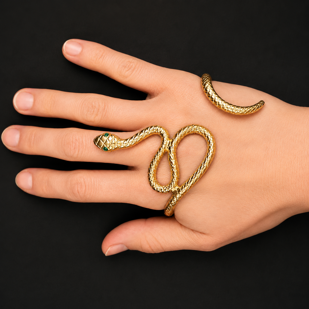 Emerald-Eyed Silver Snake Hand Bracelet – Victorian-Inspired Serpent Hand Cuff