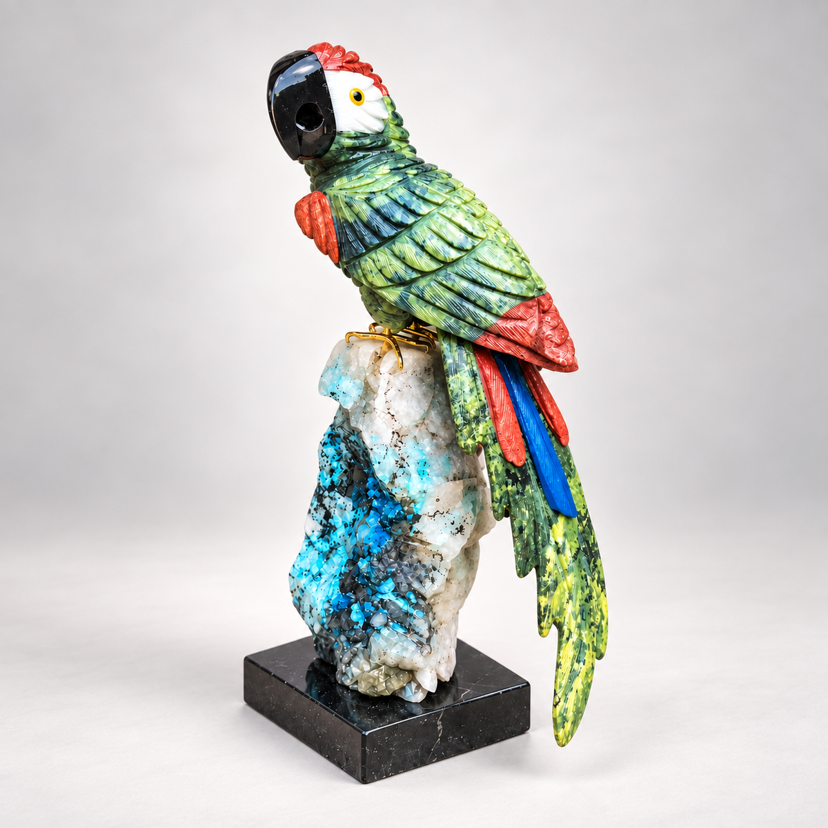 Colorful Gemstone Parrot Sculpture | Hand-Carved Natural Stone Bird on Chrysocolla Base | Tropical Home Decor