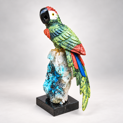 Colorful Gemstone Parrot Sculpture | Hand-Carved Natural Stone Bird on Chrysocolla Base | Tropical Home Decor