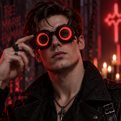 A man wearing black gothic-style goggles with glowing red circular lenses, a black textured leather jacket, and a cross necklace, posed against a dark background with red neon lights and candles.