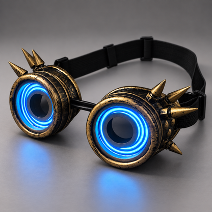 Light-Up Gold Spiked Steampunk Goggles - LED Cyberpunk Eyewear