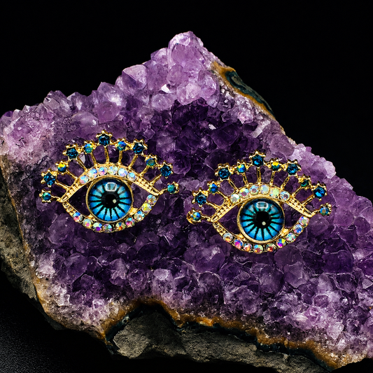 Sapphire Blue Evil Eye Stud Earrings– Gold-Tone Mystical Jewelry