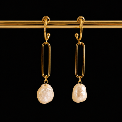 Gold Link Baroque Freshwater Pearl Drop Earrings