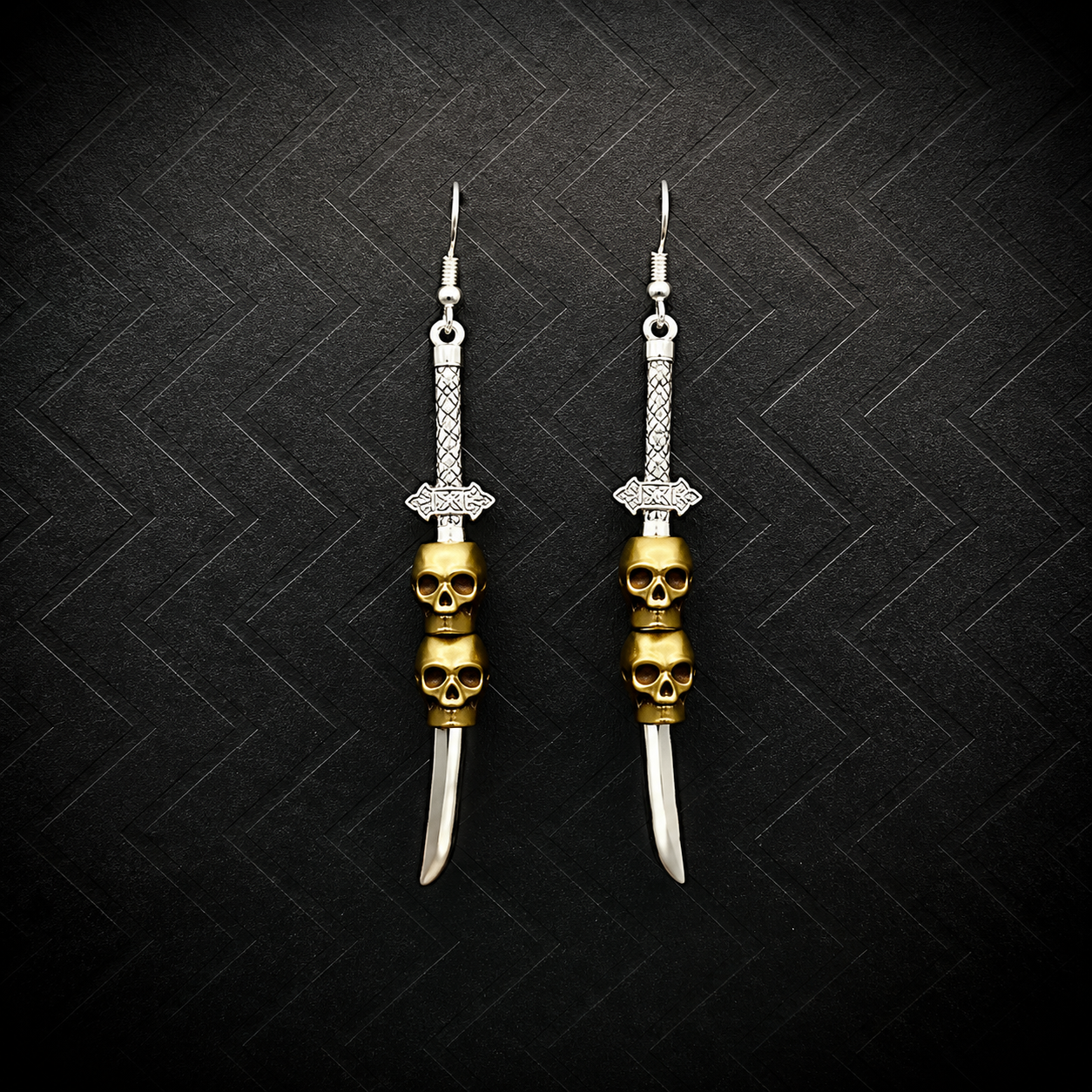 Gothic Skull Sword Dangle Earrings – Silver Dagger with Gold Skulls