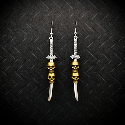 Gothic Skull Sword Dangle Earrings – Silver Dagger with Gold Skulls