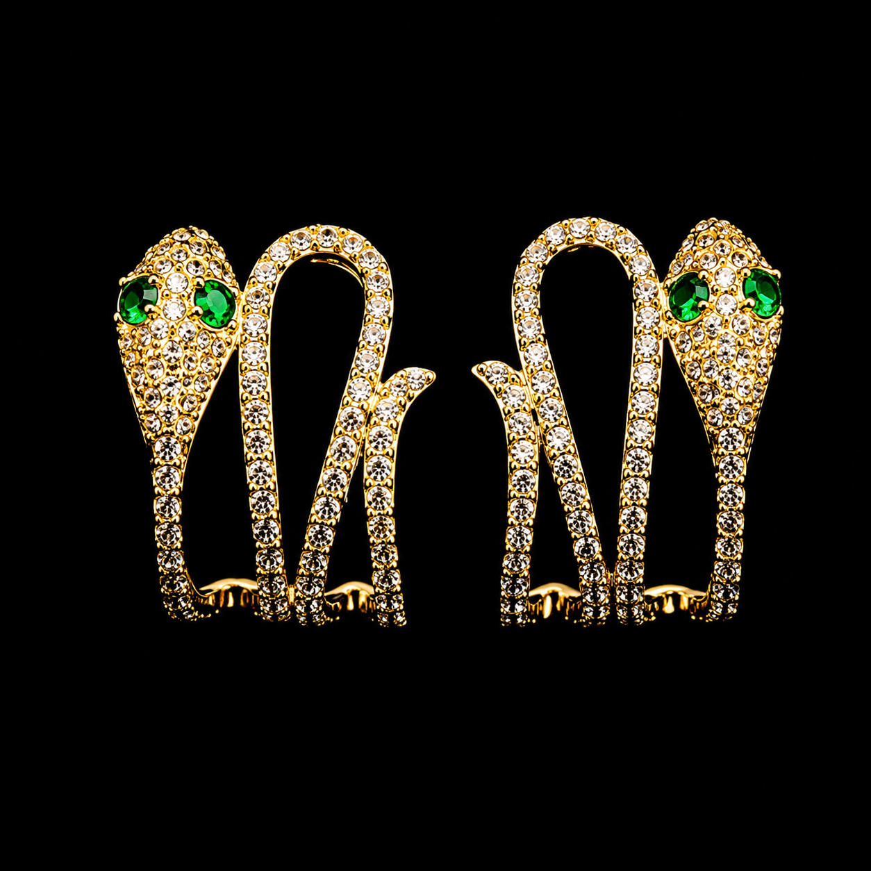 Gold Snake Stud Earrings – Emerald Green Crystal Eyes