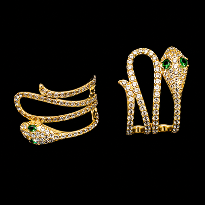 Gold Snake Stud Earrings – Emerald Green Crystal Eyes