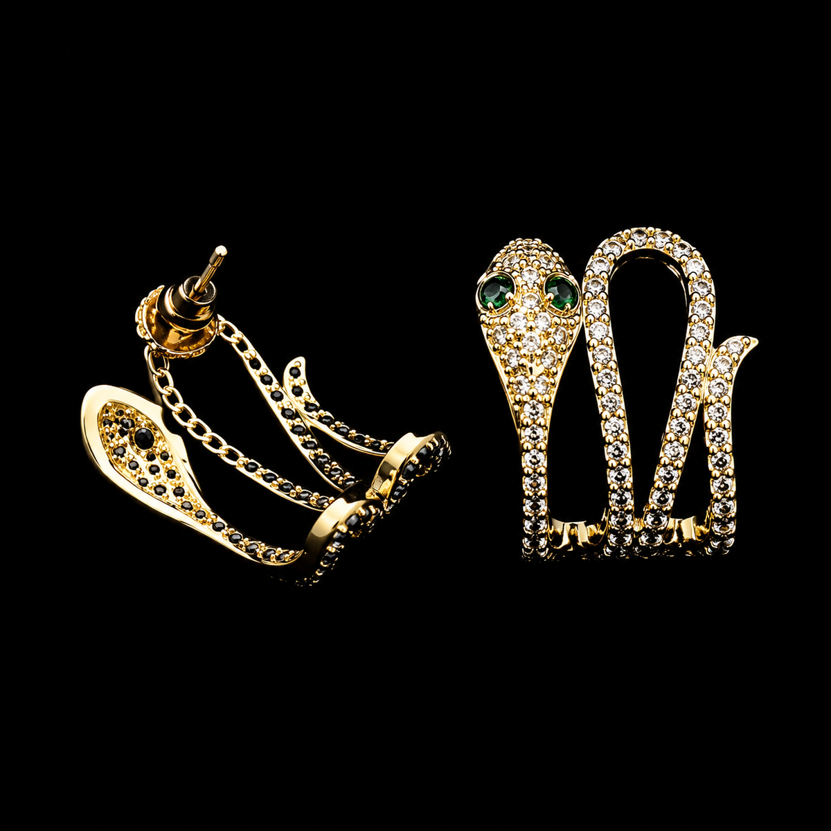 Gold Snake Stud Earrings – Emerald Green Crystal Eyes
