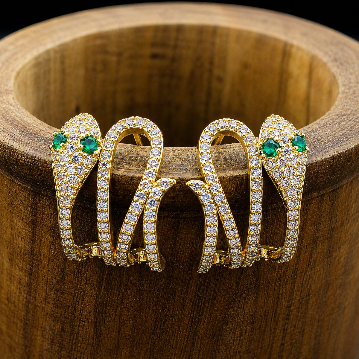 Gold Snake Stud Earrings – Emerald Green Crystal Eyes
