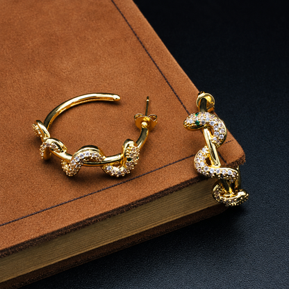Gold Serpent Hoop Earrings – Green Crystal Eye Gothic Jewelry
