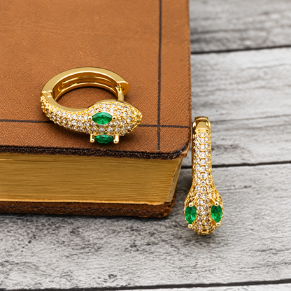 Gold Snake Huggie Hoop Earrings with Green Crystal Eyes | Gothic Serpent Jewelry