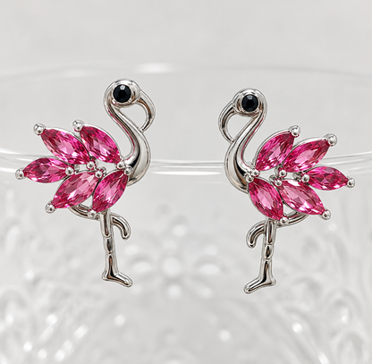 Pink Crystal Flamingo Stud Earrings – Silver-Tone Tropical Bird Jewelry