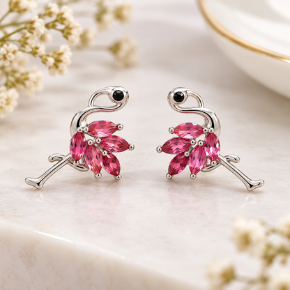 Pink Crystal Flamingo Stud Earrings – Silver-Tone Tropical Bird Jewelry