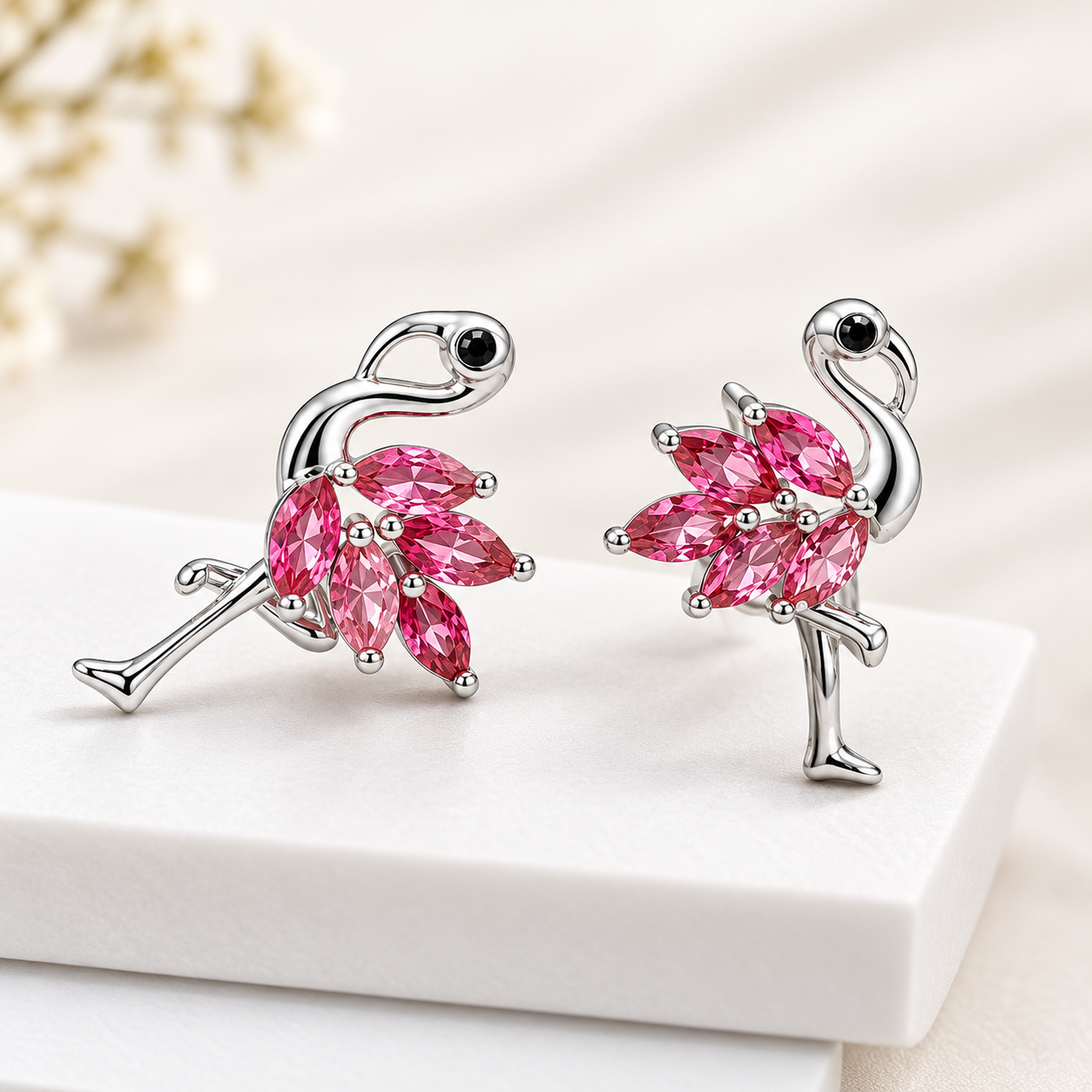 Pink Crystal Flamingo Stud Earrings – Silver-Tone Tropical Bird Jewelry