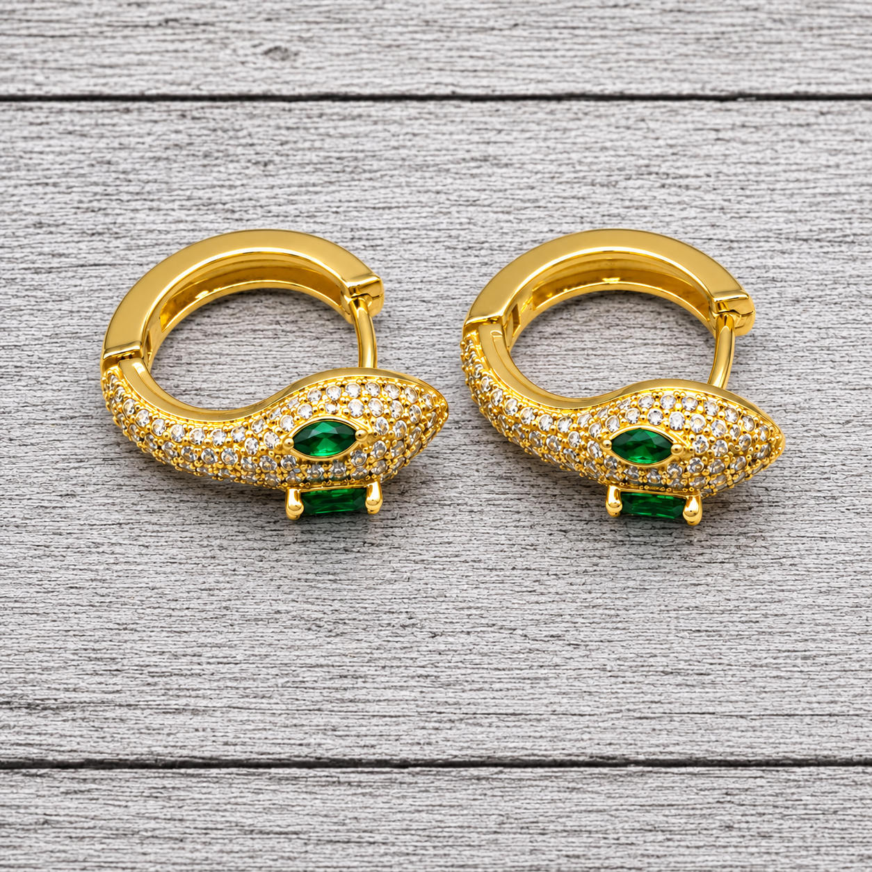 Gold Snake Huggie Hoop Earrings with Green Crystal Eyes | Gothic Serpent Jewelry