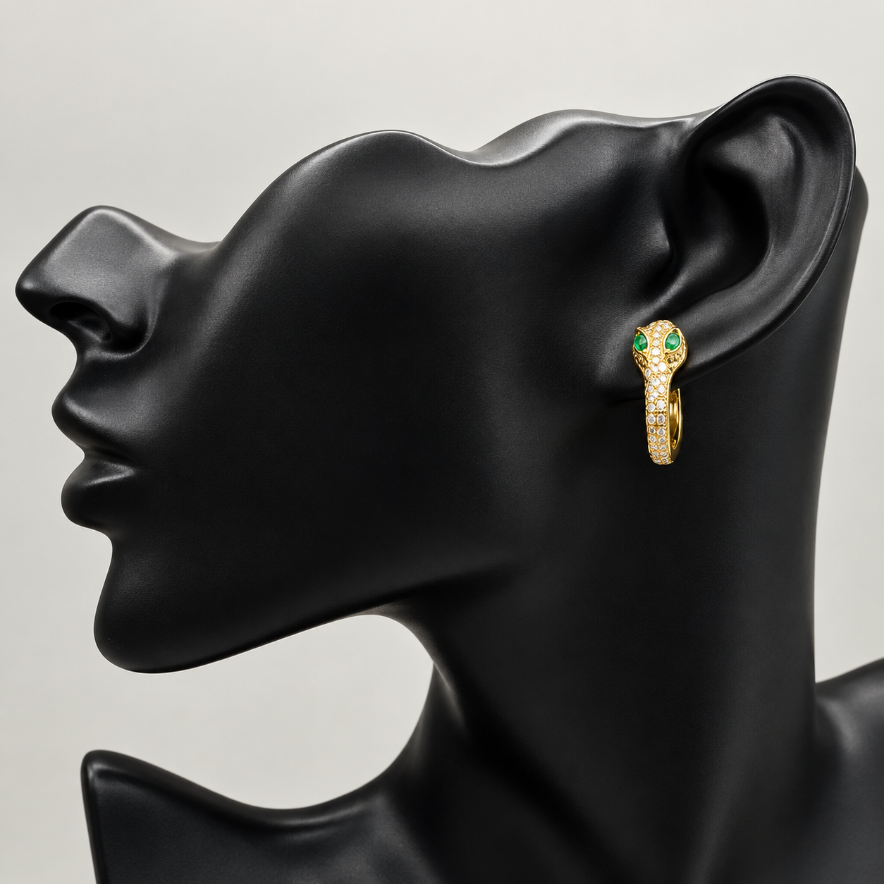 Gold Snake Huggie Hoop Earrings with Green Crystal Eyes | Gothic Serpent Jewelry