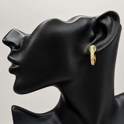 Gold Snake Huggie Hoop Earrings with Green Crystal Eyes | Gothic Serpent Jewelry
