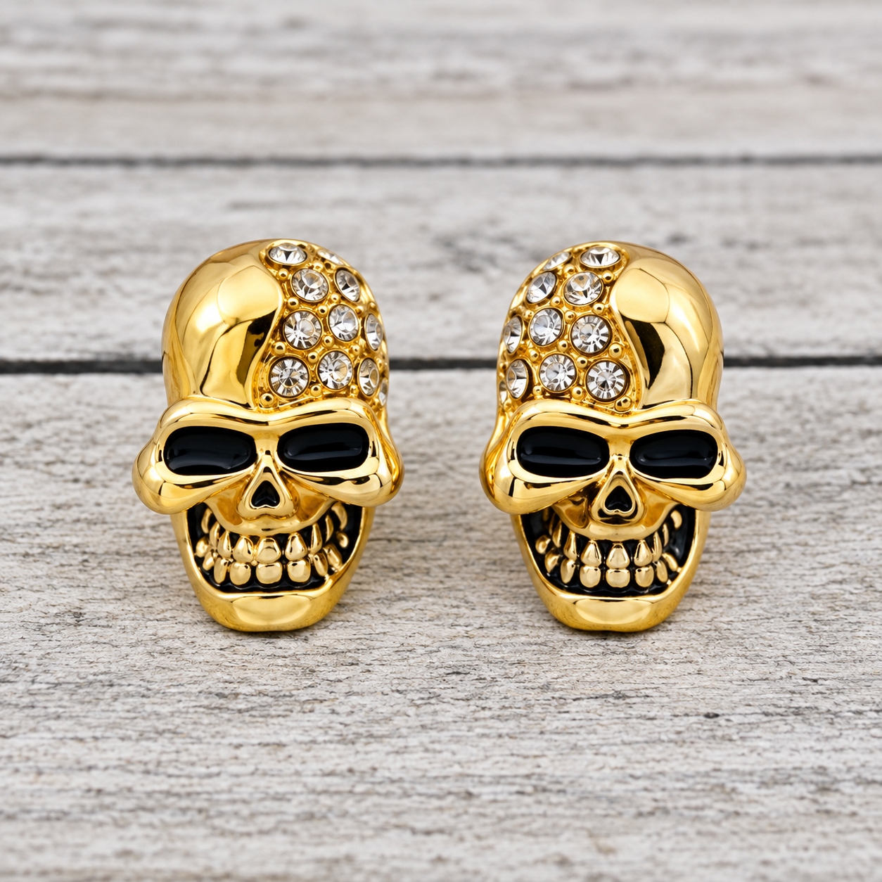 Gothic Gold Crystal Skull Stud Earrings