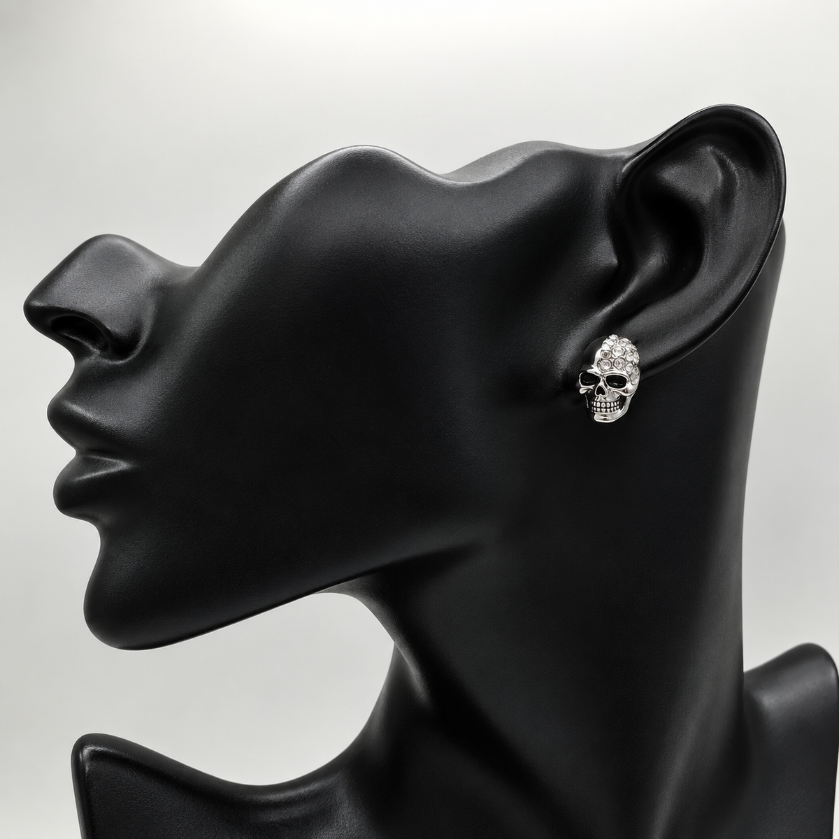 Gothic Silver Crystal Skull Stud Earrings