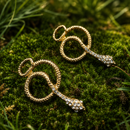 A pair of gold snake-shaped dangle earrings with clear rhinestone accents, displayed on a bed of green moss outdoors.
