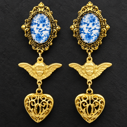 Victorian Gold Angel Heart Earrings with Blue & White Porcelain