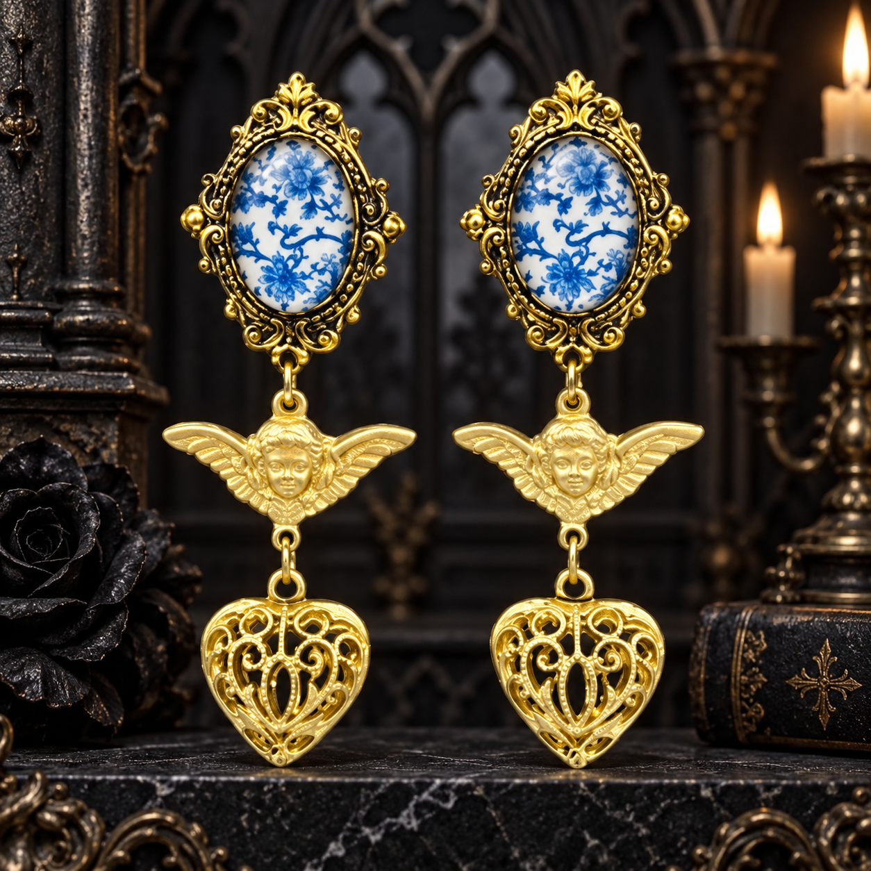 Victorian Gold Angel Heart Earrings with Blue & White Porcelain