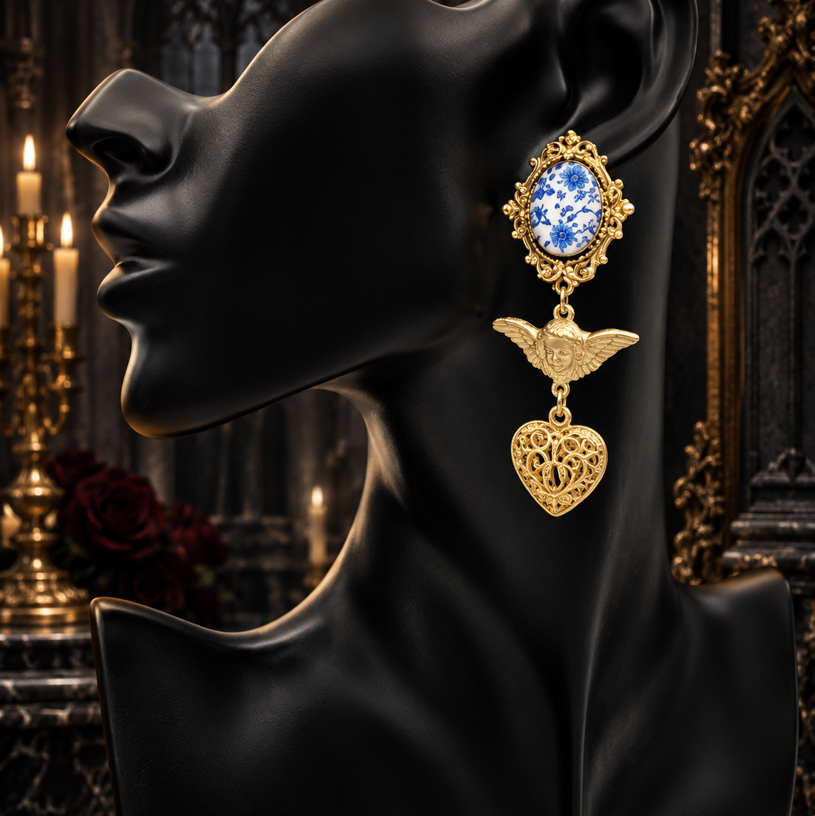 Victorian Gold Angel Heart Earrings with Blue & White Porcelain