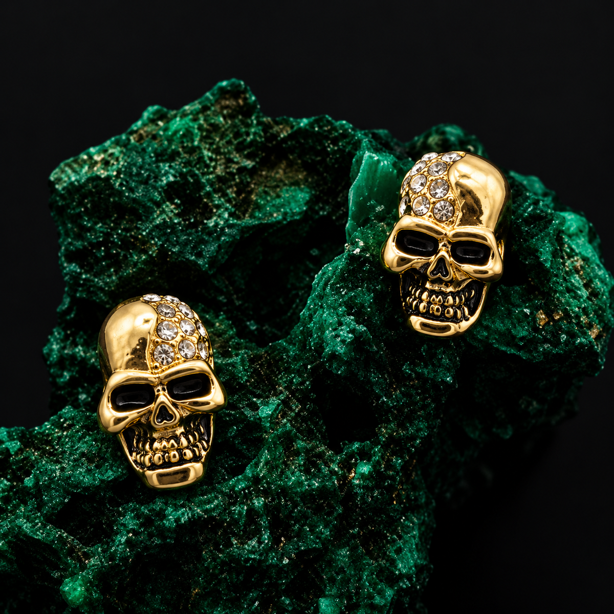 Gothic Gold Crystal Skull Stud Earrings