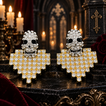 Crystal Skull & Pixel Heart Dangle Earrings – Gothic Statement Jewelry