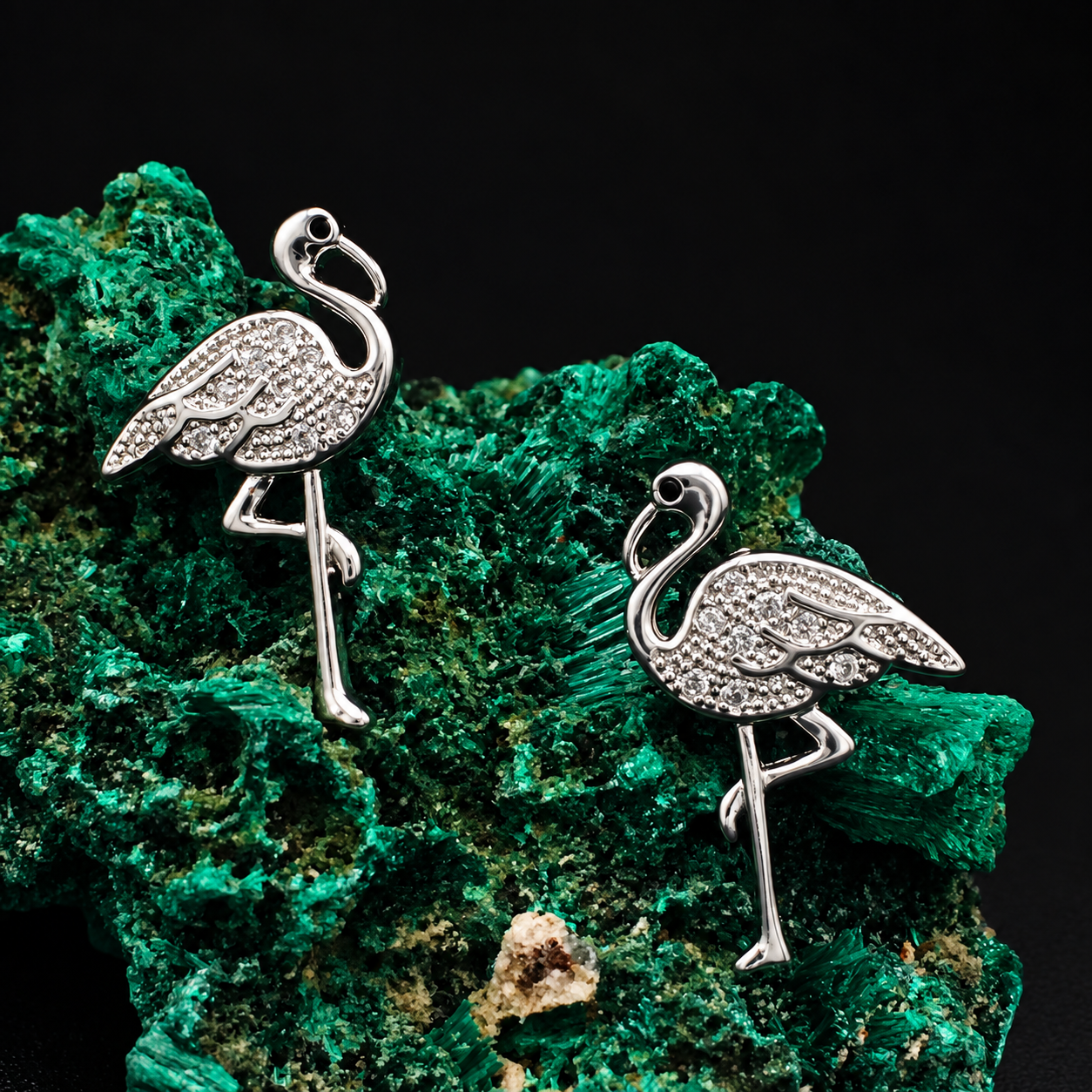 Silver Crystal Flamingo Stud Earrings