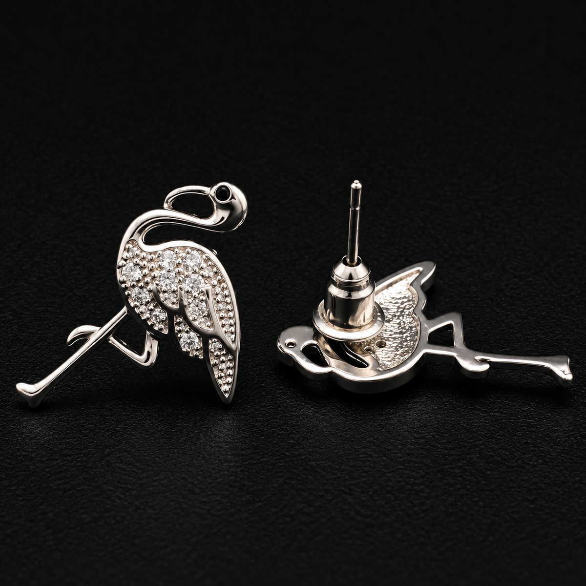 Silver Crystal Flamingo Stud Earrings
