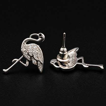 Silver Crystal Flamingo Stud Earrings