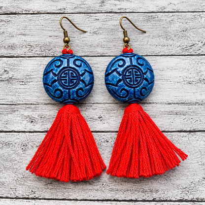 Lucky Red & Blue Tassel Earrings | Asian-Inspired Statement Jewelry