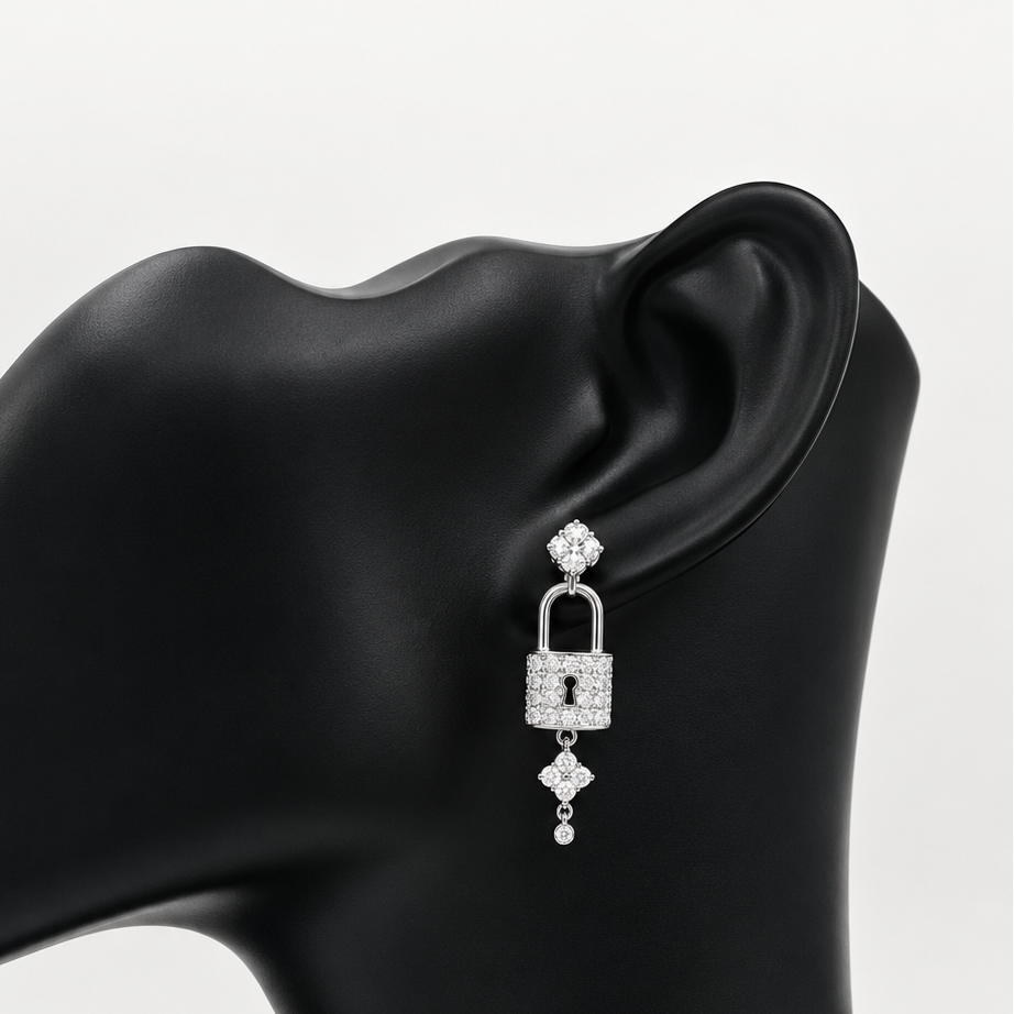 Silver Lock & Key Love Earrings with Cubic Zirconia