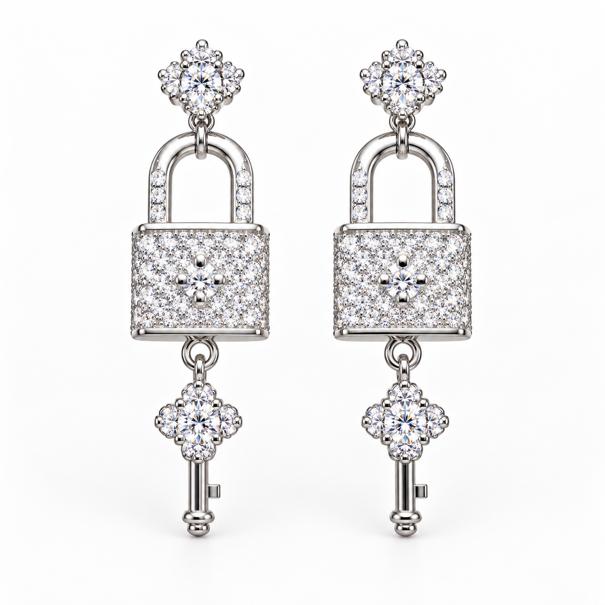 Silver Lock & Key Love Earrings with Cubic Zirconia