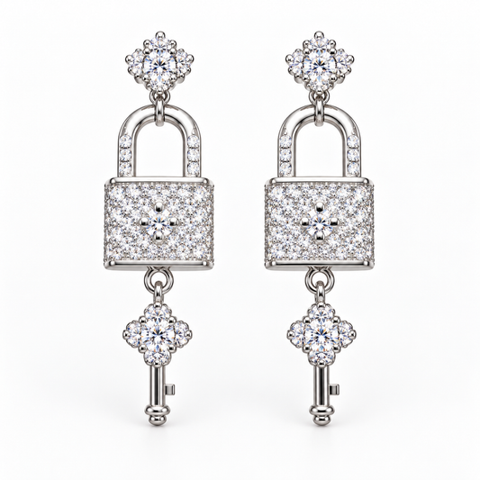 Silver Lock & Key Love Earrings with Cubic Zirconia