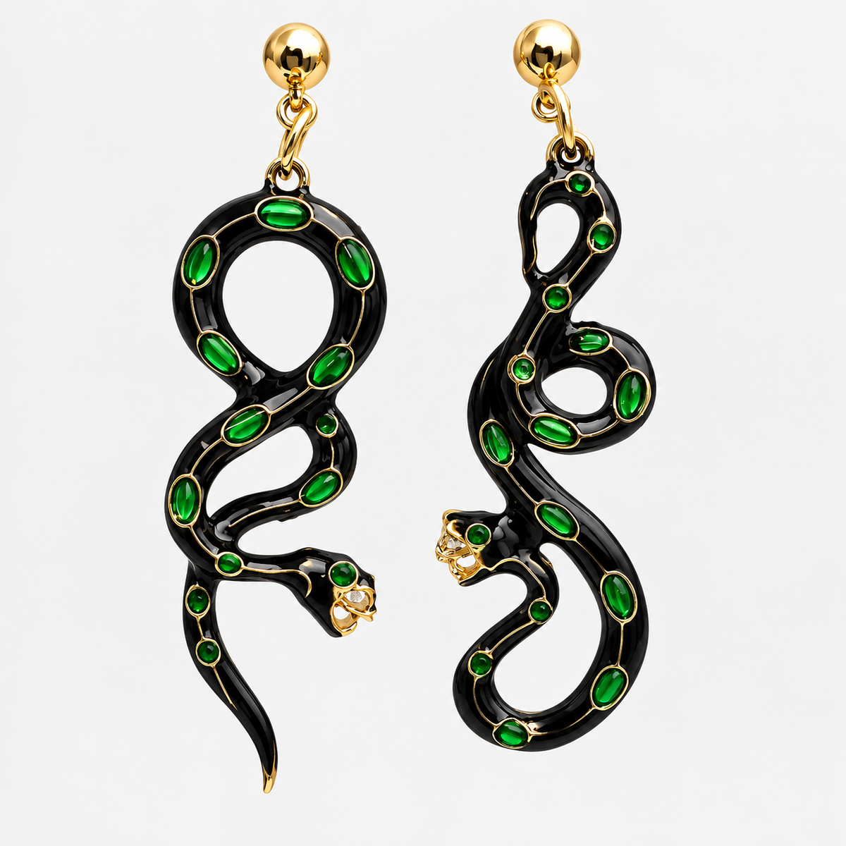 Asymmetric Gothic Snake Earrings | Black, Gold & Emerald Green Crystals
