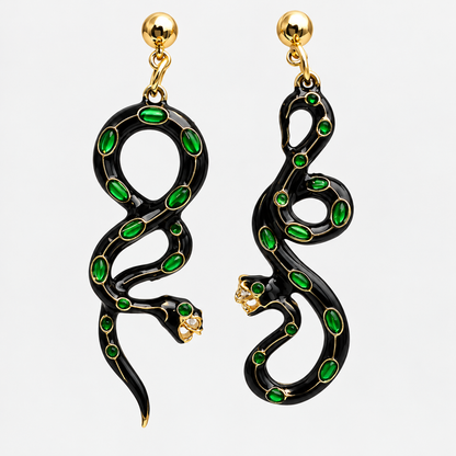 Asymmetric Gothic Snake Earrings | Black, Gold & Emerald Green Crystals