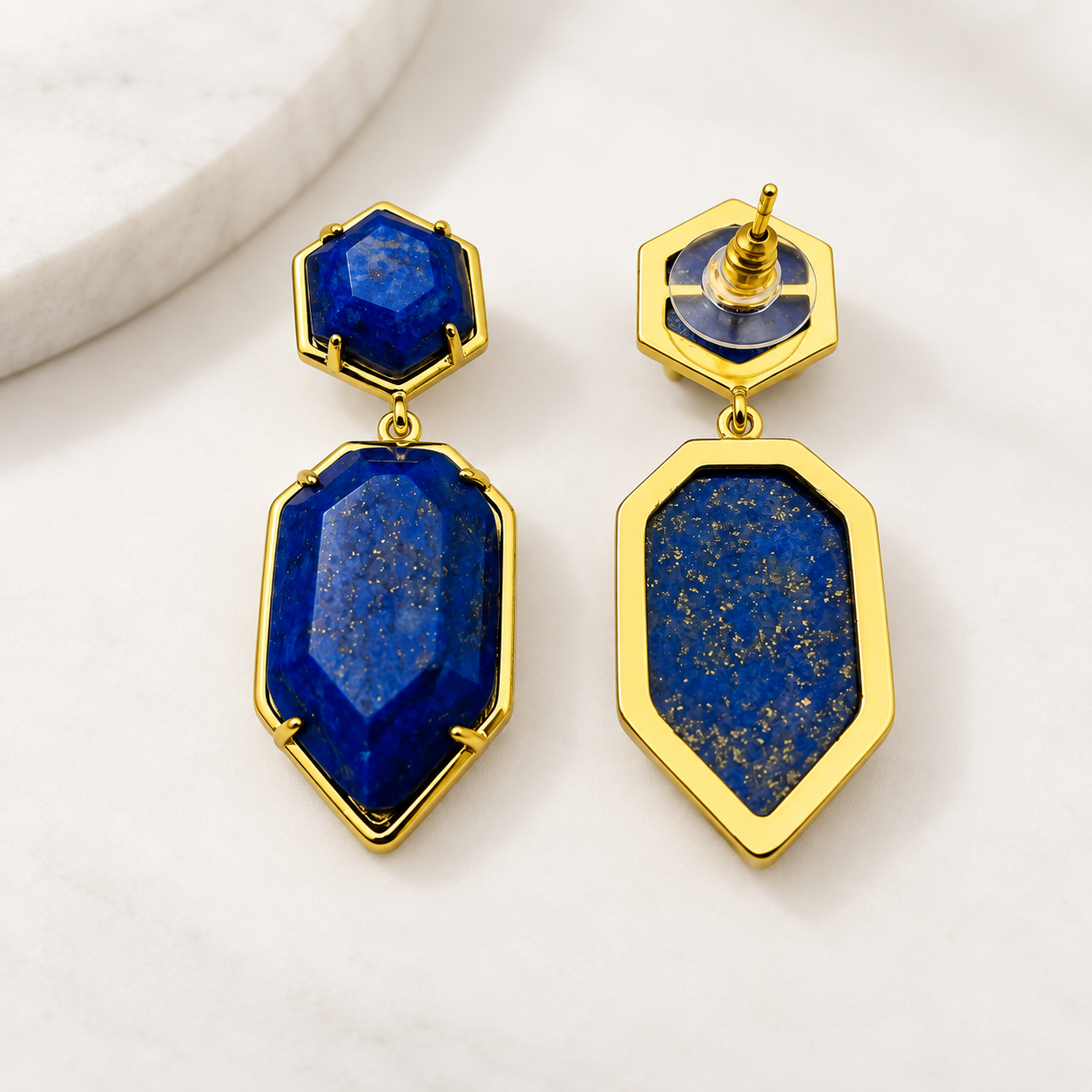 Natural Lapis Lazuli Dangle Earrings | Gold-Tone Geometric Gemstone Jewelry