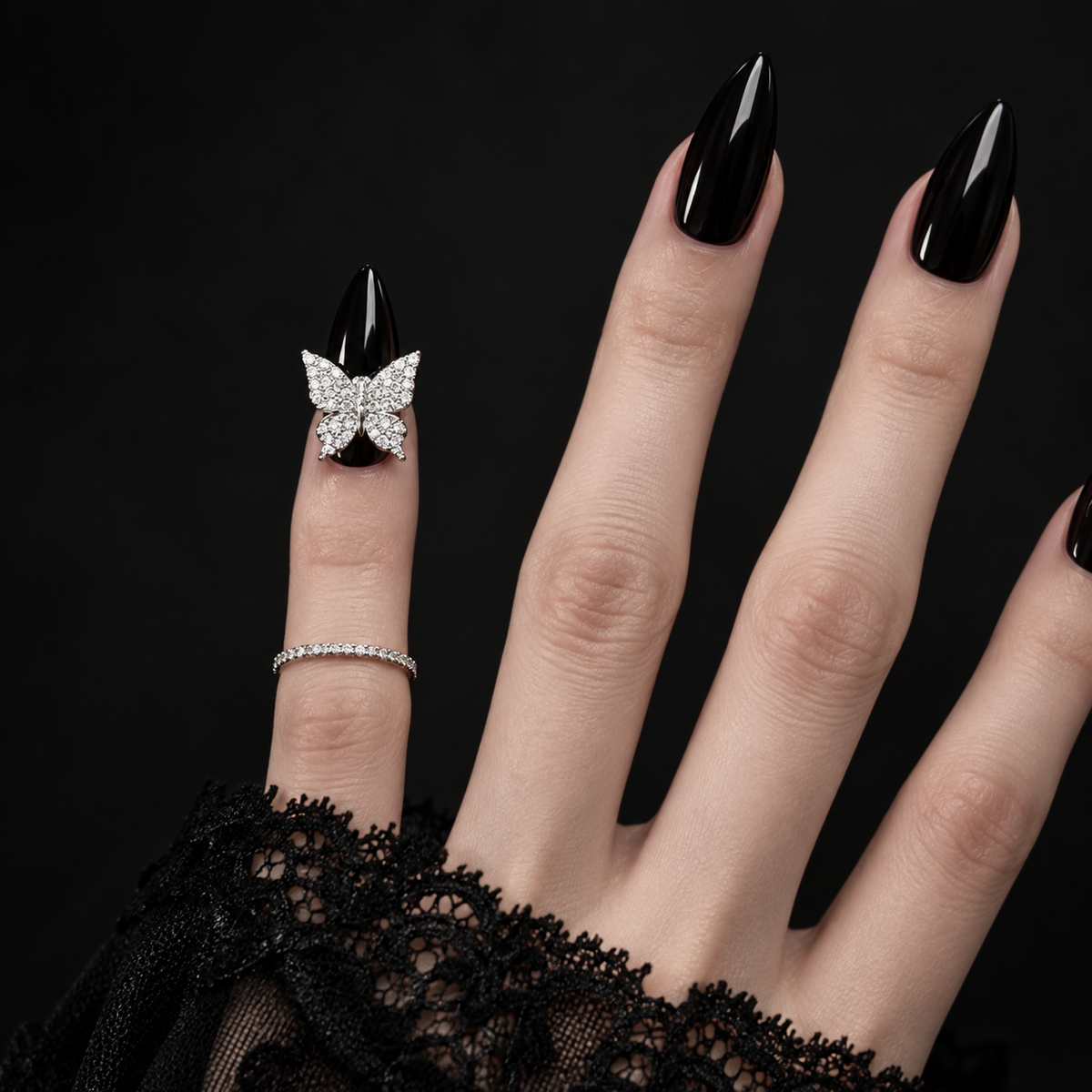 Silver Crystal Butterfly Nail Ring | Adjustable Nature-Inspired Statement Jewelry