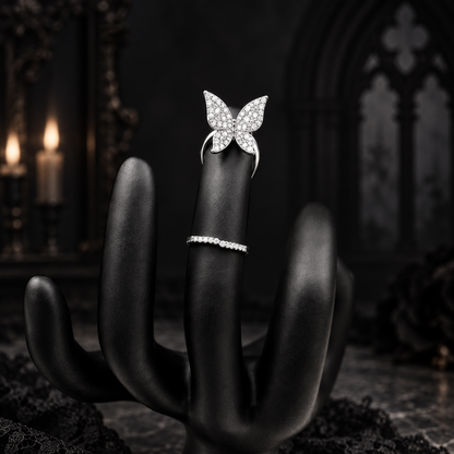 Silver Crystal Butterfly Nail Ring | Adjustable Nature-Inspired Statement Jewelry