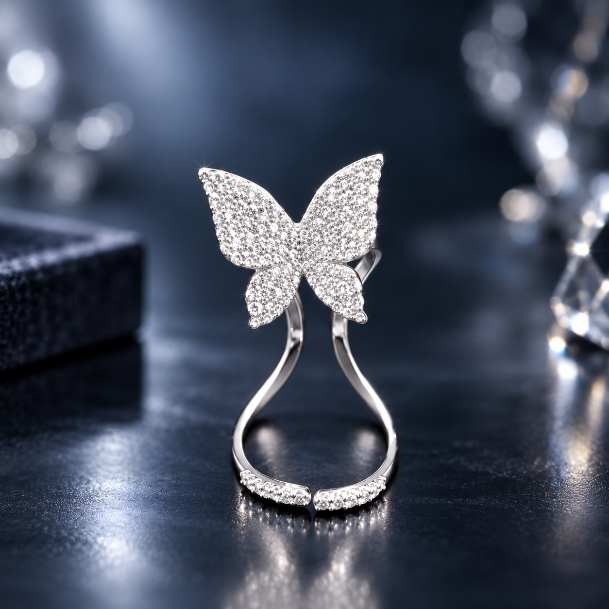 Silver Crystal Butterfly Nail Ring | Adjustable Nature-Inspired Statement Jewelry